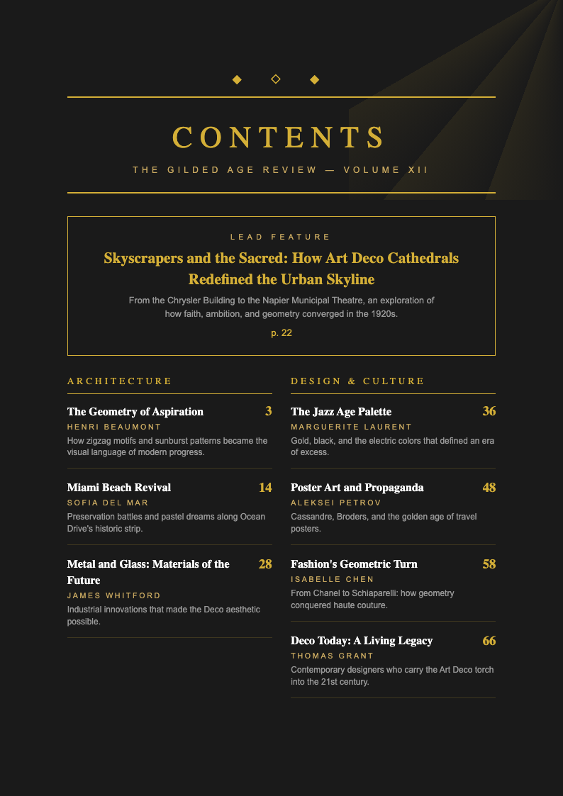 Art Deco Modern Table Of Contents With Content